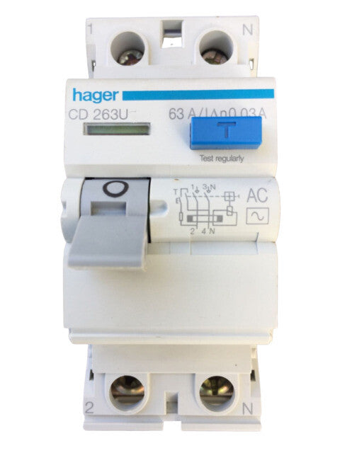 Hager CD263U 63A 30mA 2 Pole Type AC RCD RCCB Circuit Breaker Used